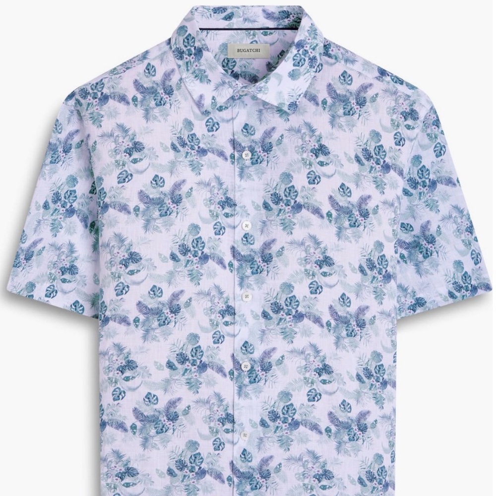 Bugatchi Mint and Navy Tropical Print Button-Down Short Sleeve Shirt